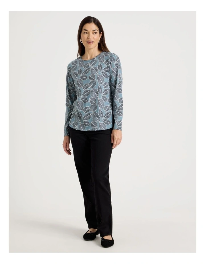 Long Sleeve Wardrobe Staple Tee in Smoke Blue Leaf Print image 2
