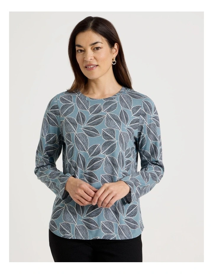 Long Sleeve Wardrobe Staple Tee in Smoke Blue Leaf Print image 3