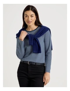 Long Sleeve Wardrobe Staple Tee in Teal/Ivory Stripe