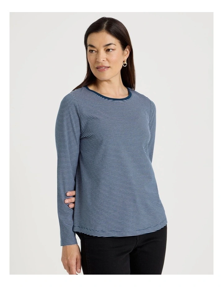 Long Sleeve Wardrobe Staple Tee in Teal/Ivory Stripe image 2