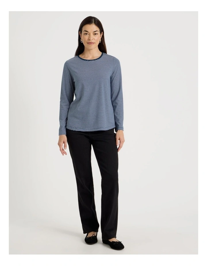 Long Sleeve Wardrobe Staple Tee in Teal/Ivory Stripe image 3