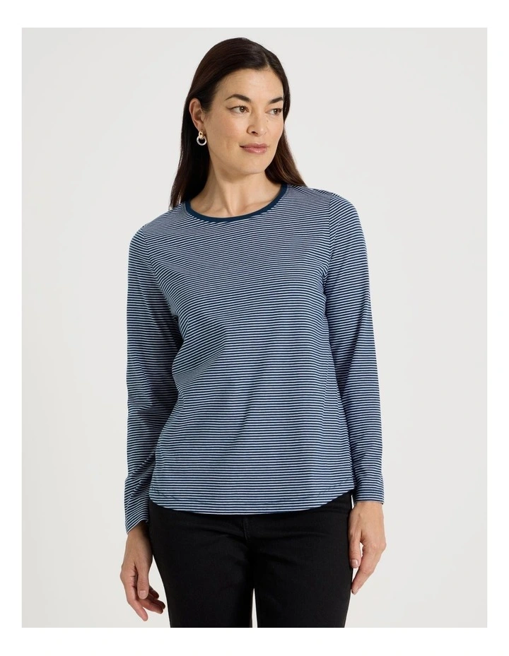 Long Sleeve Wardrobe Staple Tee in Teal/Ivory Stripe image 4