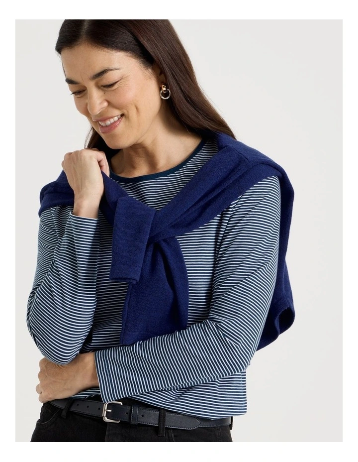 Long Sleeve Wardrobe Staple Tee in Teal/Ivory Stripe image 7