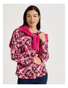 Long Sleeve Wardrobe Staple Tee in Red/Pink Leaf Print