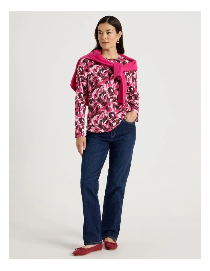 Long Sleeve Wardrobe Staple Tee in Red/Pink Leaf Print image 2