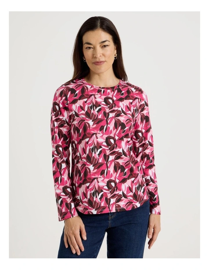 Long Sleeve Wardrobe Staple Tee in Red/Pink Leaf Print image 3