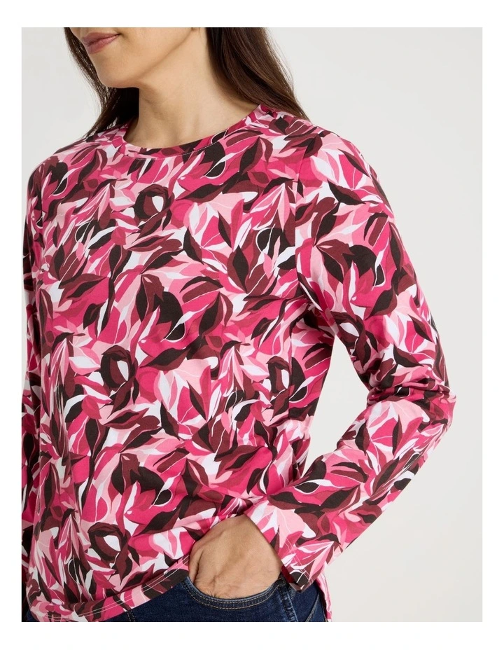 Long Sleeve Wardrobe Staple Tee in Red/Pink Leaf Print image 5
