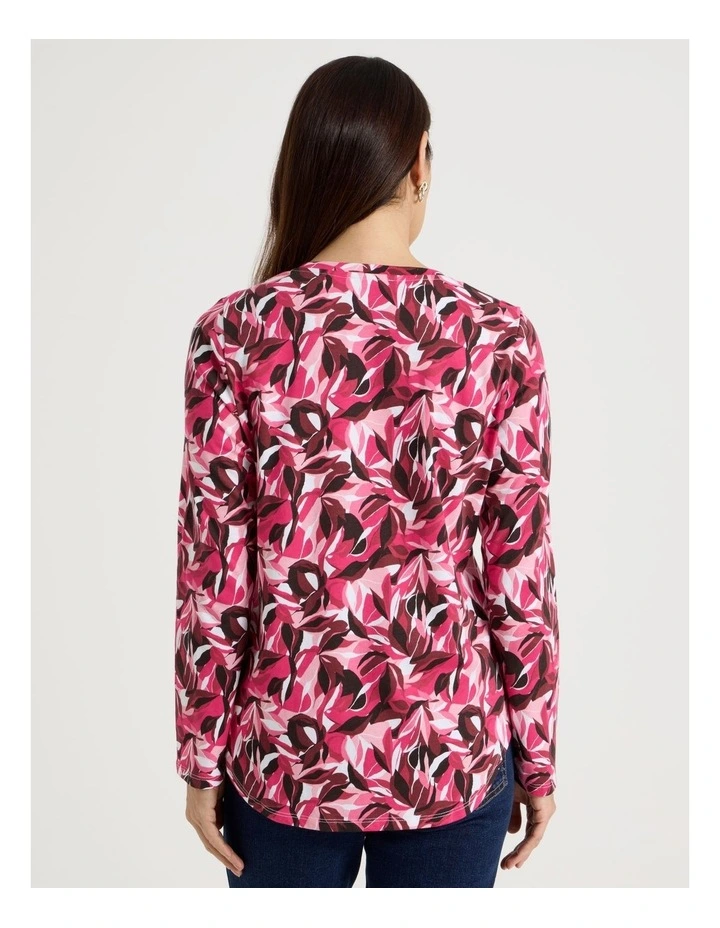 Long Sleeve Wardrobe Staple Tee in Red/Pink Leaf Print image 6