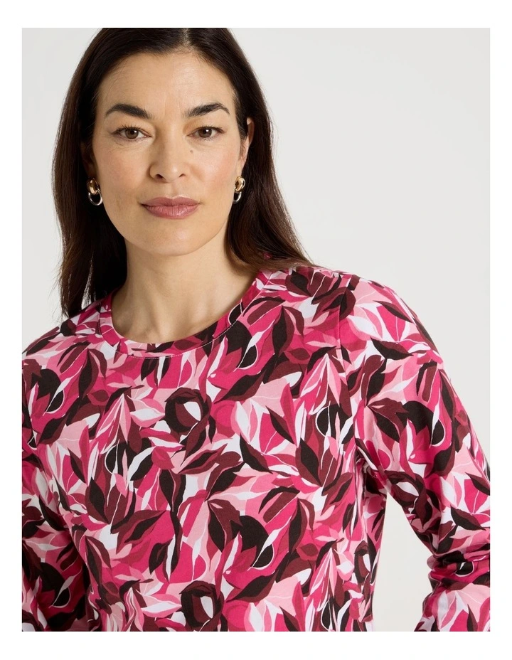 Long Sleeve Wardrobe Staple Tee in Red/Pink Leaf Print image 7