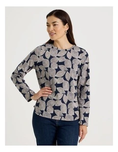 Long Sleeve Wardrobe Staple Tee in Navy Leaf Print