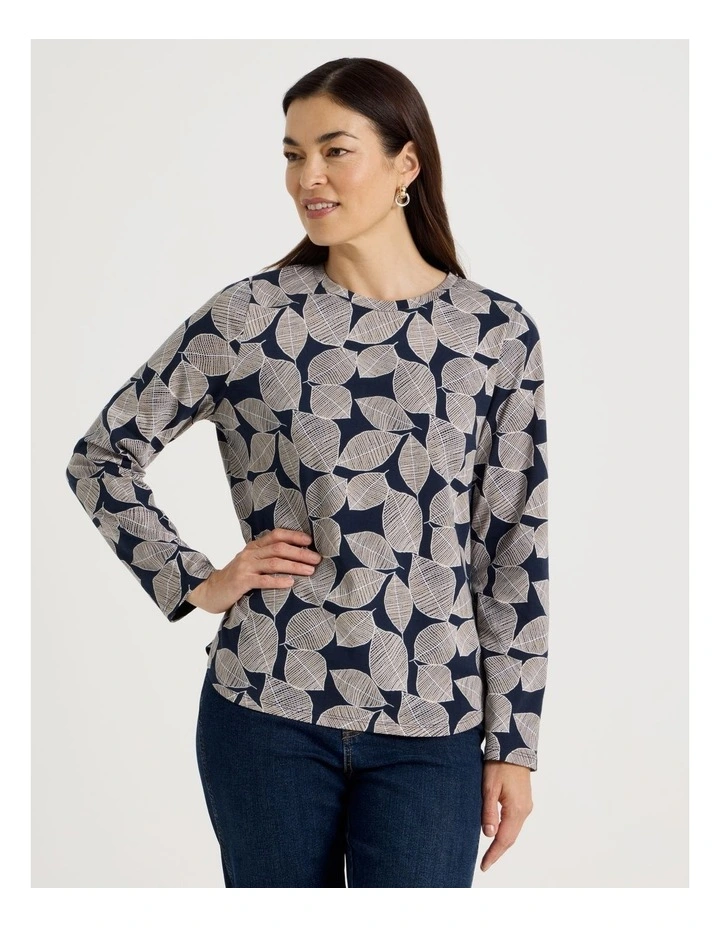 Long Sleeve Wardrobe Staple Tee in Navy Leaf Print image 1