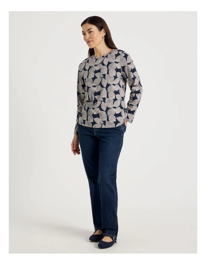 Long Sleeve Wardrobe Staple Tee in Navy Leaf Print image 3