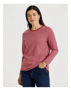 Long Sleeve Wardrobe Staple Tee in Red/Ivory Stripe