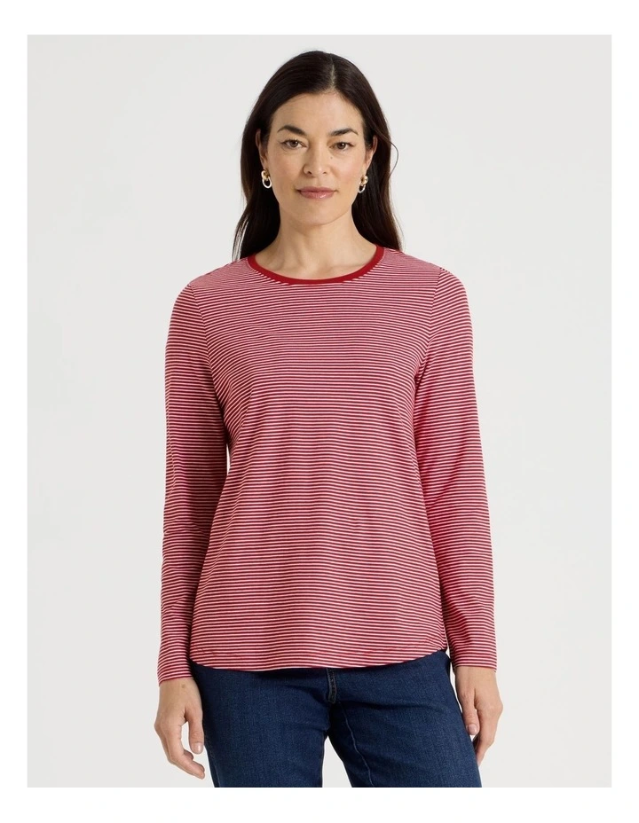 Long Sleeve Wardrobe Staple Tee in Red/Ivory Stripe image 3