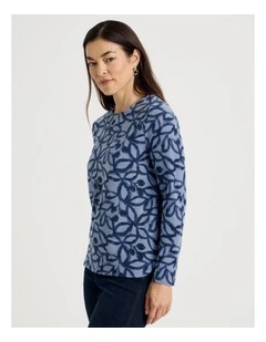 Long Sleeve Soft Touch Tee With Crew Neck in Blue Leaf Print
