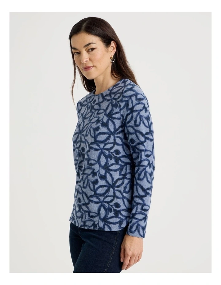 Long Sleeve Soft Touch Tee With Crew Neck in Blue Leaf Print image 1