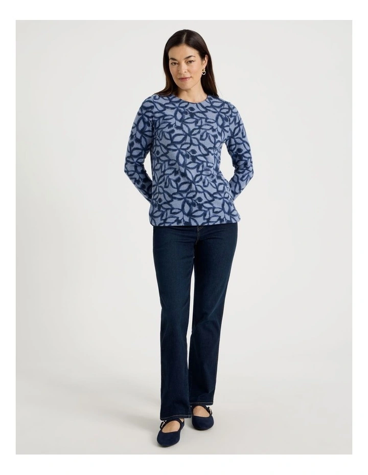 Long Sleeve Soft Touch Tee With Crew Neck in Blue Leaf Print image 2