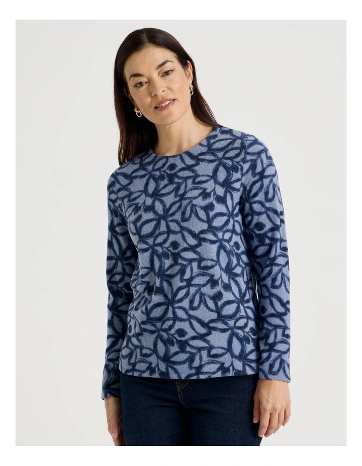 Long Sleeve Soft Touch Tee With Crew Neck in Blue Leaf Print image 3