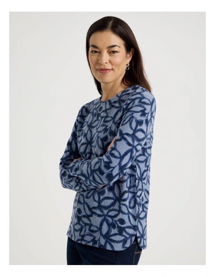 Long Sleeve Soft Touch Tee With Crew Neck in Blue Leaf Print image 4