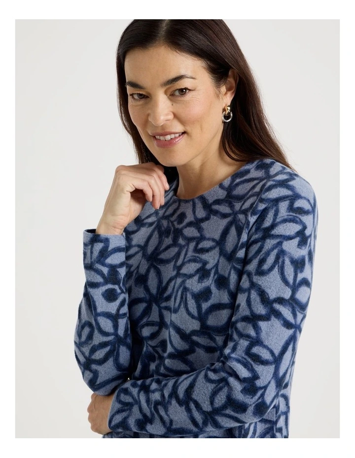 Long Sleeve Soft Touch Tee With Crew Neck in Blue Leaf Print image 5