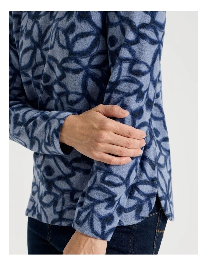Long Sleeve Soft Touch Tee With Crew Neck in Blue Leaf Print image 7