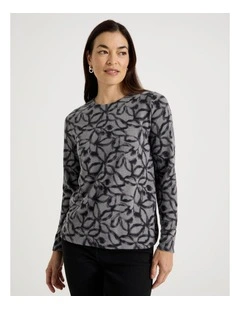 Long Sleeve Soft Touch Tee With Crew Neck in Charcoal Leaf Print