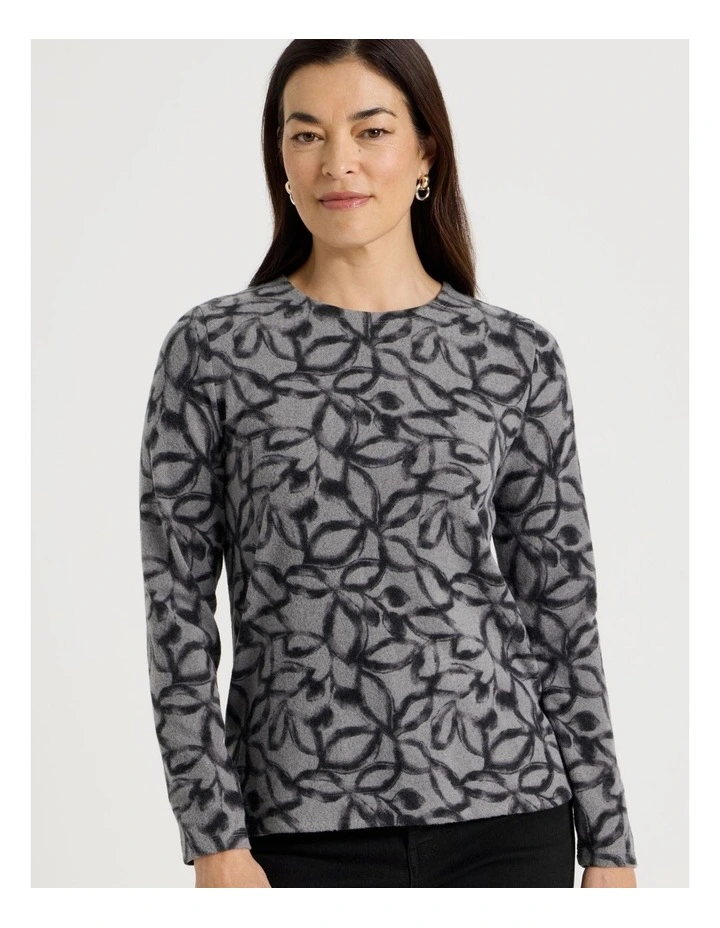 Long Sleeve Soft Touch Tee With Crew Neck in Charcoal Leaf Print image 3