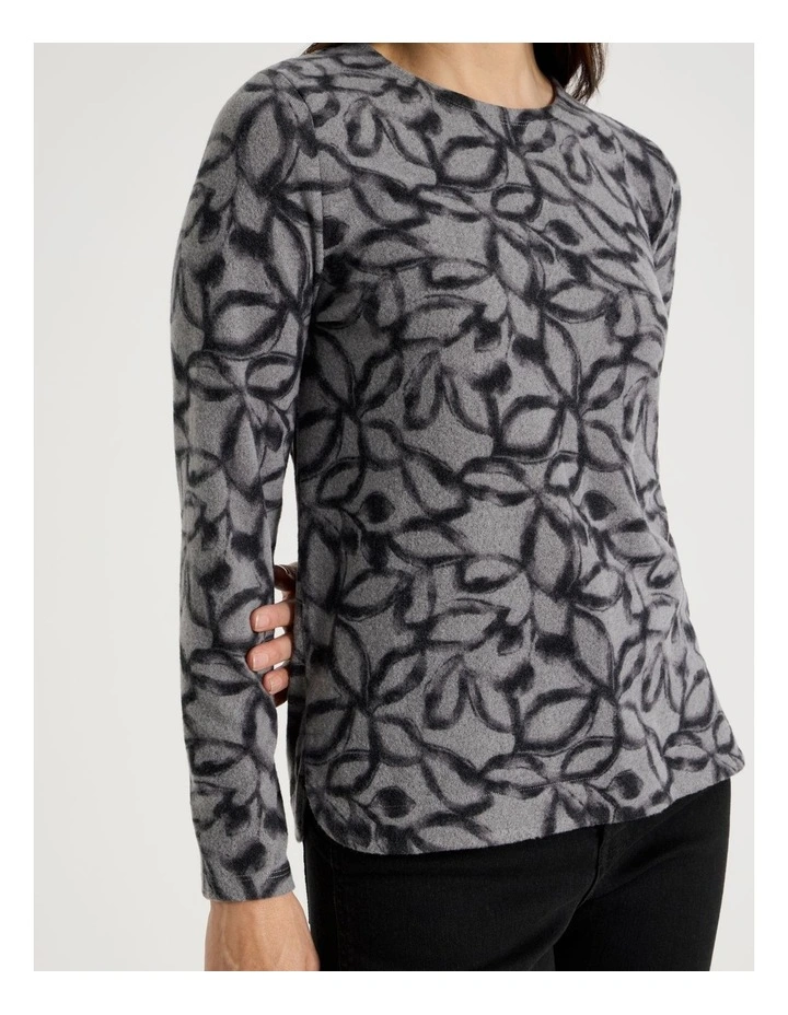 Long Sleeve Soft Touch Tee With Crew Neck in Charcoal Leaf Print image 5