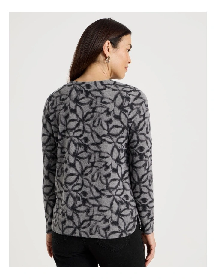 Long Sleeve Soft Touch Tee With Crew Neck in Charcoal Leaf Print image 6