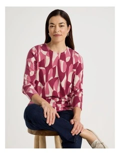 Long Sleeve Soft Touch Tee With Crew Neck in Pink Abstract Print