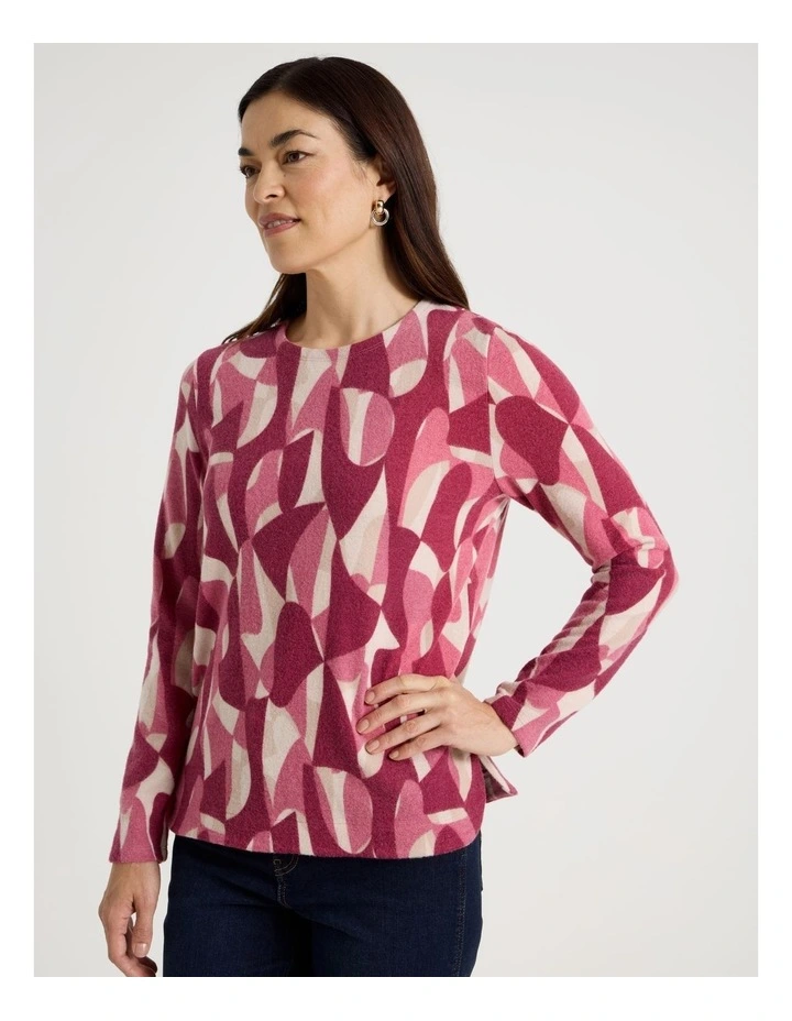 Long Sleeve Soft Touch Tee With Crew Neck in Pink Abstract Print image 5