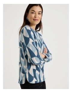 Long Sleeve Soft Touch Tee With Crew Neck in Teal Abstract Print