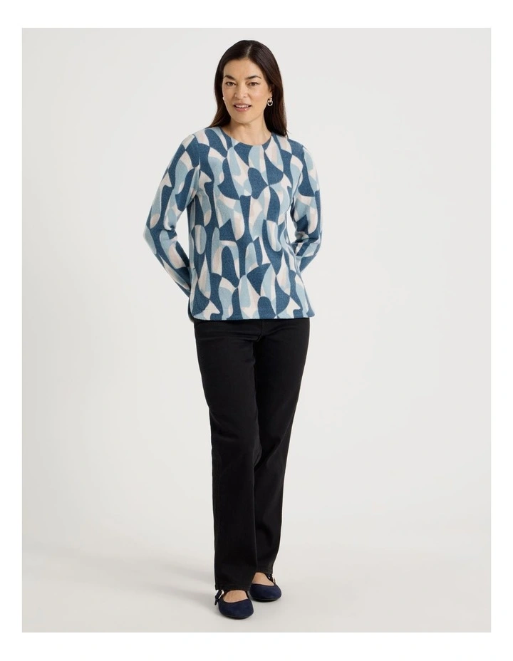 Long Sleeve Soft Touch Tee With Crew Neck in Teal Abstract Print image 3