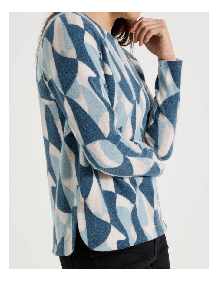 Long Sleeve Soft Touch Tee With Crew Neck in Teal Abstract Print image 7