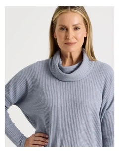 Cowl Neck Drop Shoulder Fancy Knit Tee in Blue Marle