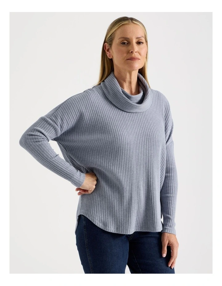 Cowl Neck Drop Shoulder Fancy Knit Tee in Blue Marle image 2
