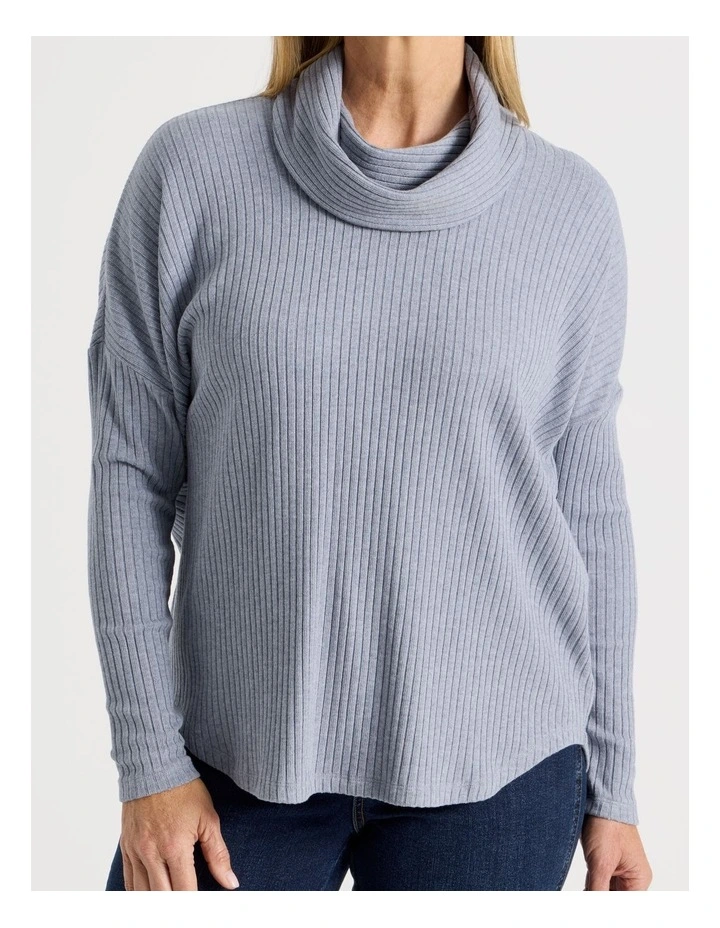 Cowl Neck Drop Shoulder Fancy Knit Tee in Blue Marle image 4