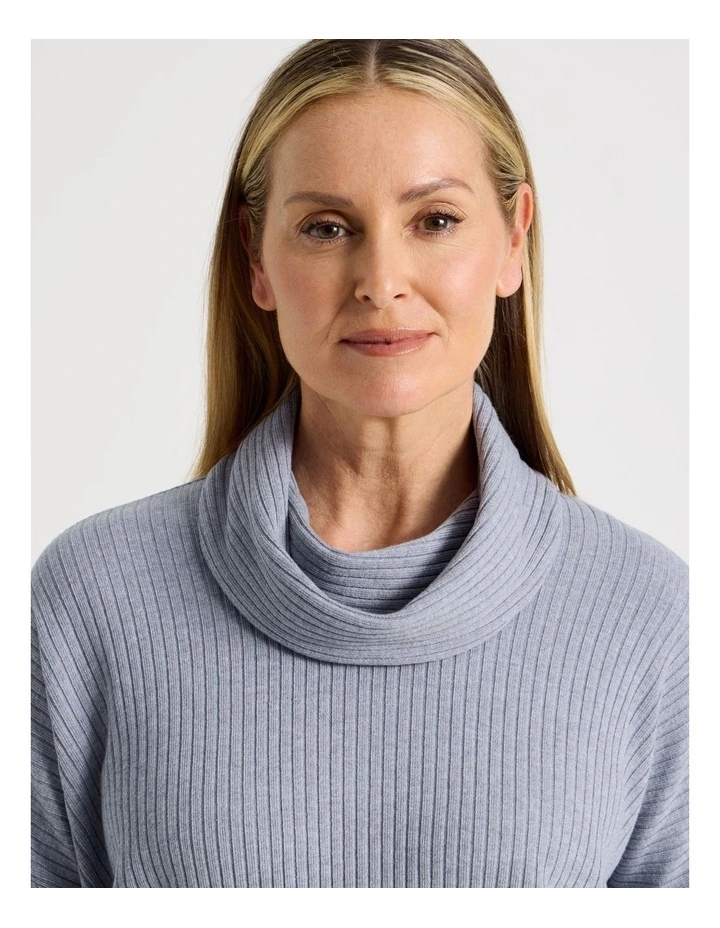 Cowl Neck Drop Shoulder Fancy Knit Tee in Blue Marle image 5