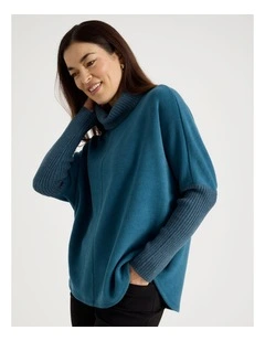 Rib Sleeve Circle Sweat in Teal Marle