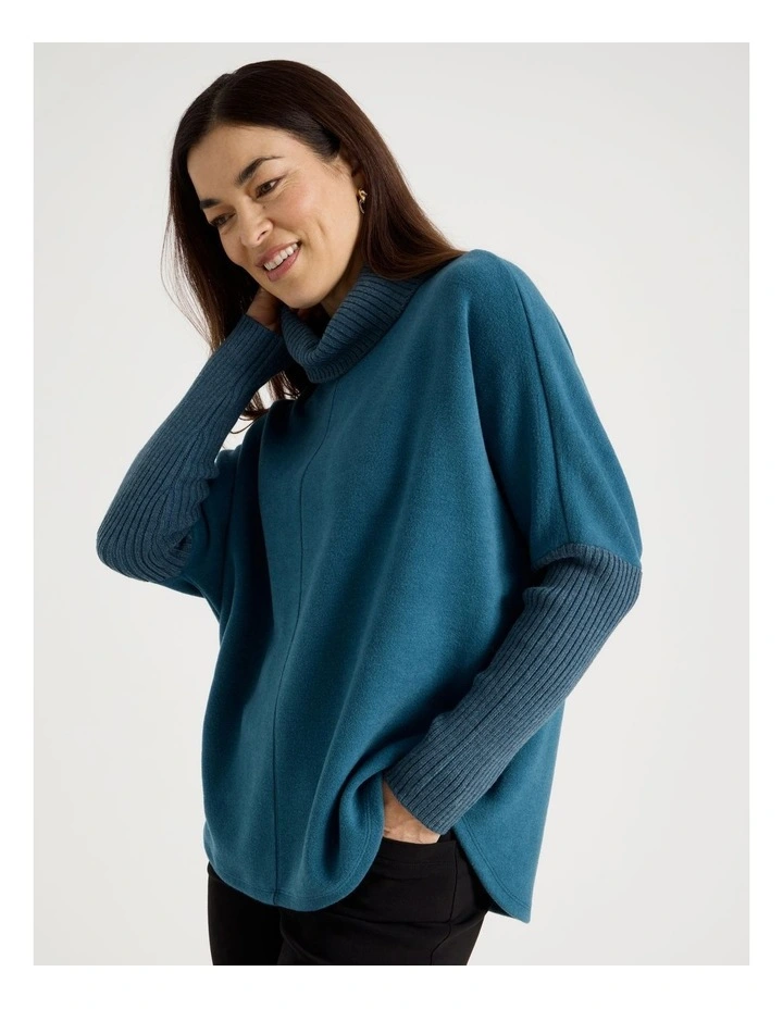 Rib Sleeve Circle Sweat in Teal Marle image 1