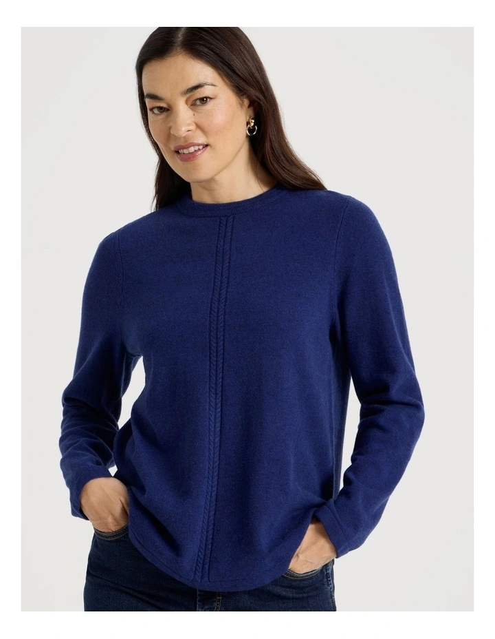 Cable Front Jumper With Plaited Neck Band in Marine image 3
