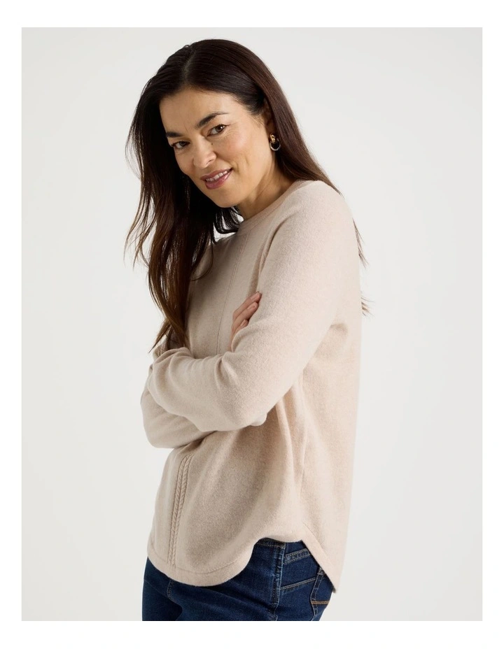 Cable Front Jumper With Plaited Neck Band in Oatmeal image 3