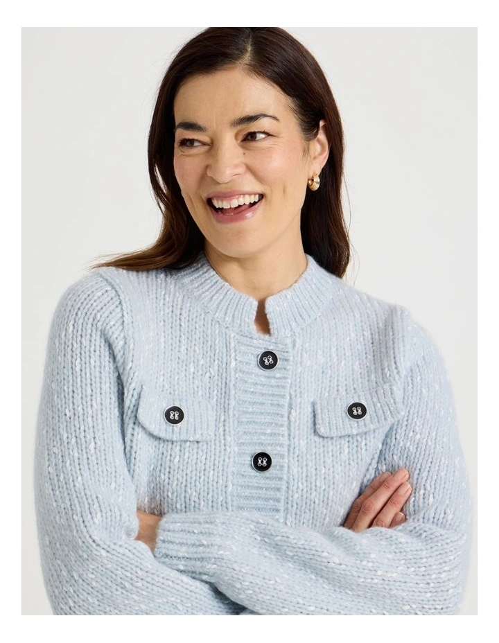 Chunky Cardigan With Pocket Flaps in Fog With Ivory Flecks image 2