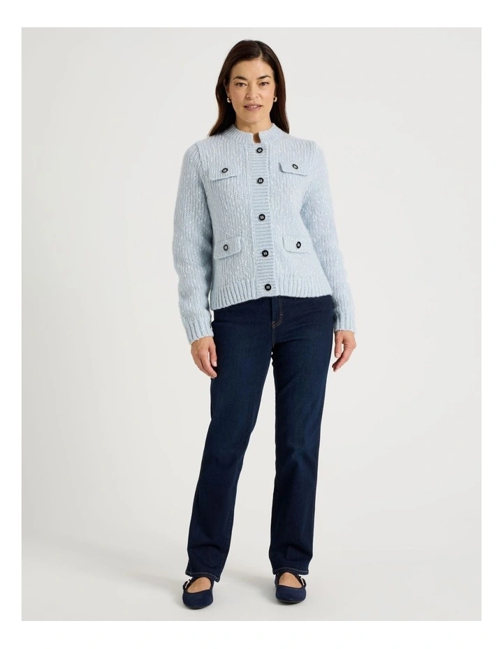 Chunky Cardigan With Pocket Flaps in Fog With Ivory Flecks image 3