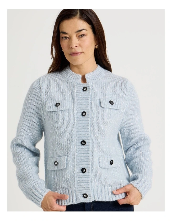 Chunky Cardigan With Pocket Flaps in Fog With Ivory Flecks image 4