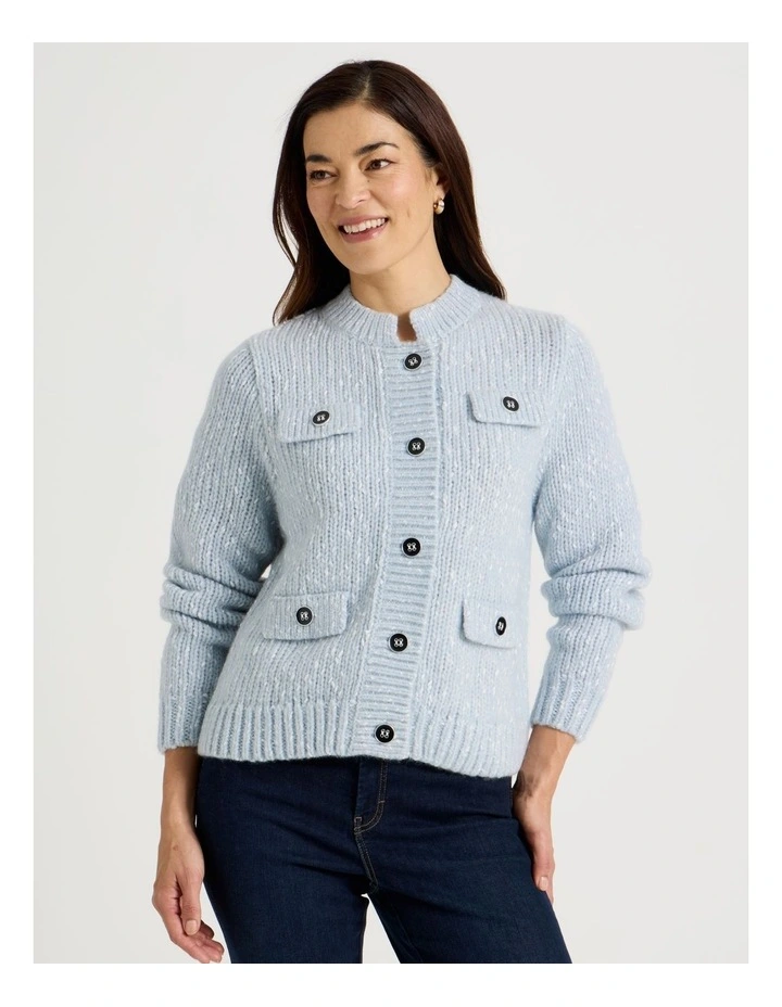 Chunky Cardigan With Pocket Flaps in Fog With Ivory Flecks image 5