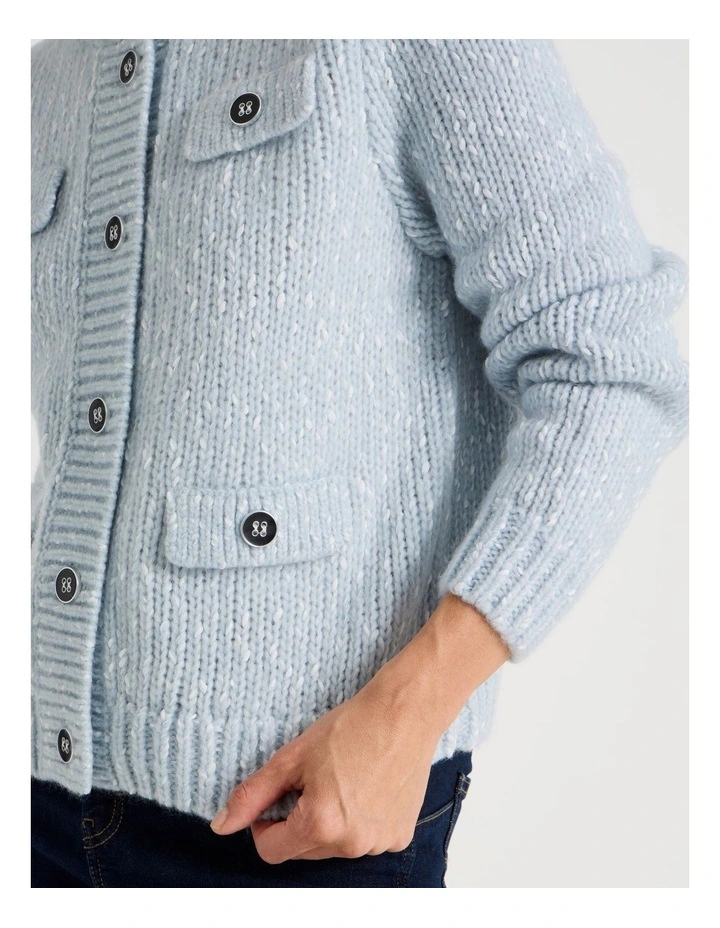 Chunky Cardigan With Pocket Flaps in Fog With Ivory Flecks image 7