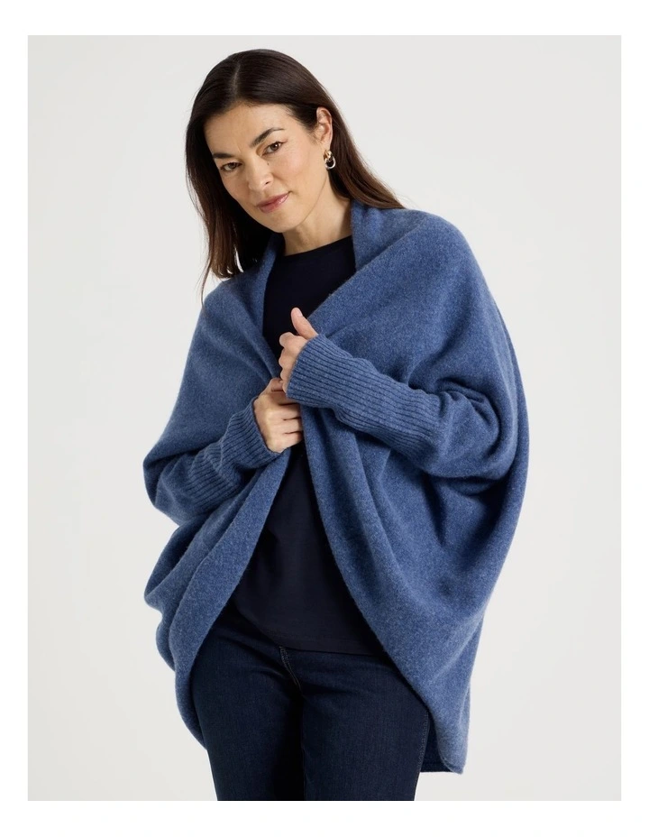 Cocoon Cardigan With Rib Sleeve in Denim Blue image 3