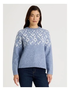 Crew Neck Fairisle Jumper in Blue and Ivory