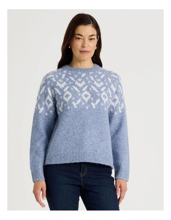 Crew Neck Fairisle Jumper in Blue and Ivory image 1